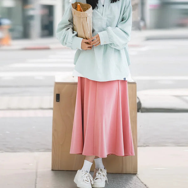 Women's Japanese Casual Pink Umbrella Skirt, Korean Style, Medium Long, High Waisted, Vintage Ankle Length Dress, 2024