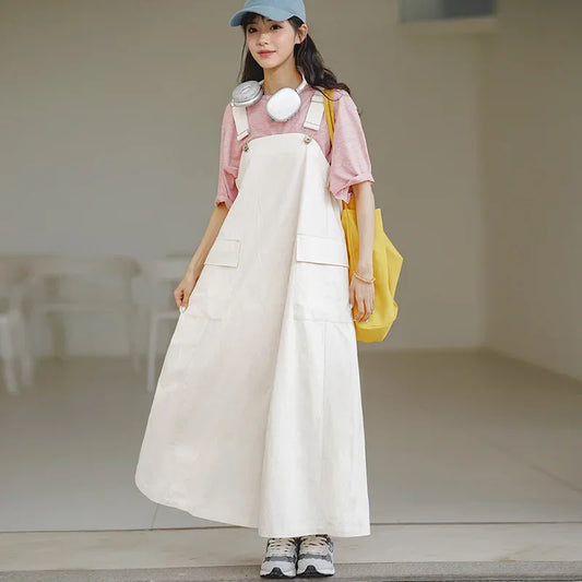 -Women's Japanese Pocket Overall Dress, Loose Sleeveless, Adjustable Strap, Irregular Dress, Long Suspender, Summer, 2023