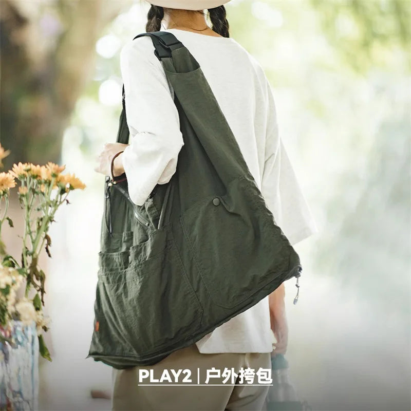 Women's Japanese Retro Multi-Pocket Nylon Vest Outdoor  Dual Purpose Satchel Jacket Lightweight Deformable Tectical Vest