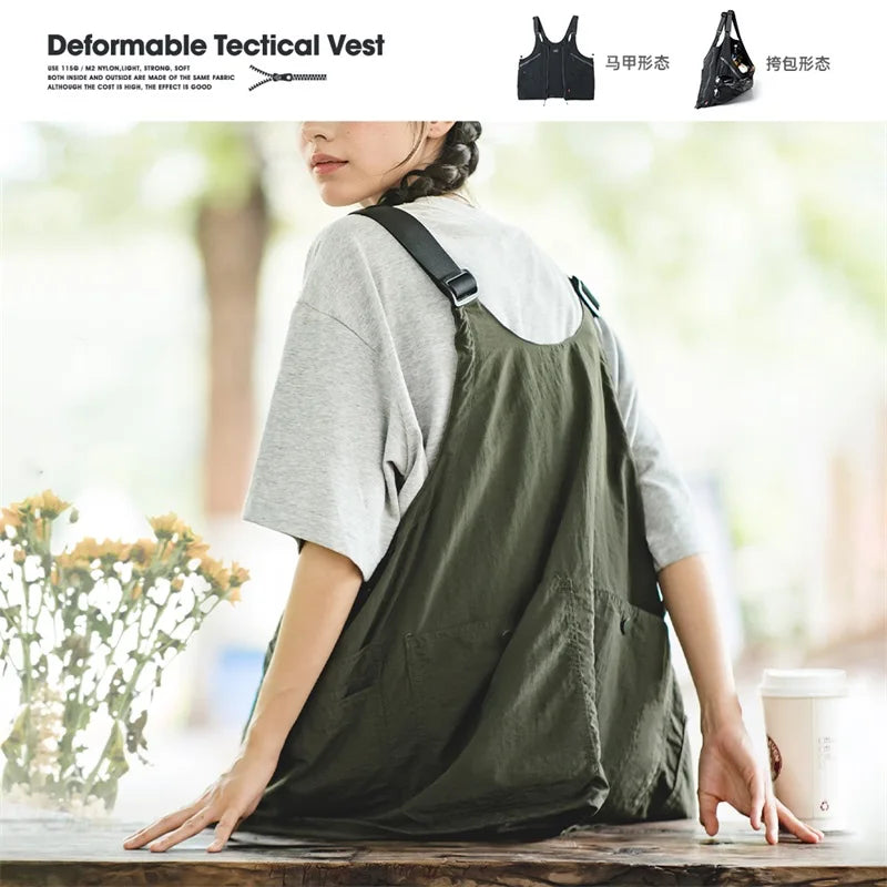 Women's Japanese Retro Multi-Pocket Nylon Vest Outdoor  Dual Purpose Satchel Jacket Lightweight Deformable Tectical Vest