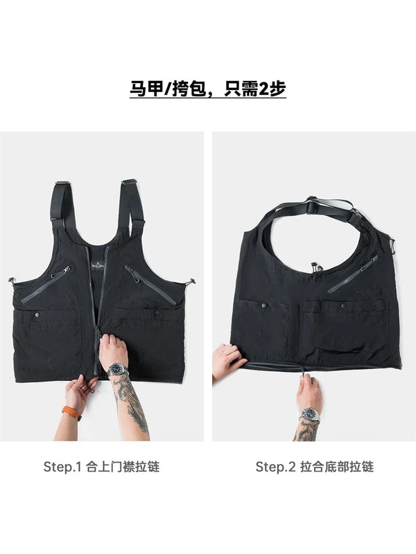 Women's Japanese Retro Multi-Pocket Nylon Vest Outdoor  Dual Purpose Satchel Jacket Lightweight Deformable Tectical Vest