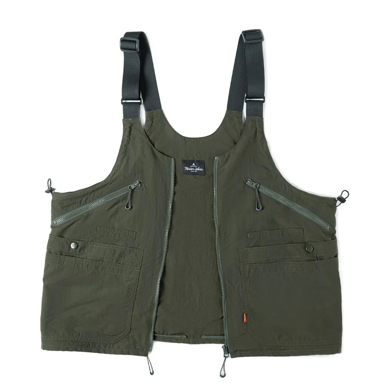 Women's Japanese Retro Multi-Pocket Nylon Vest Outdoor  Dual Purpose Satchel Jacket Lightweight Deformable Tectical Vest