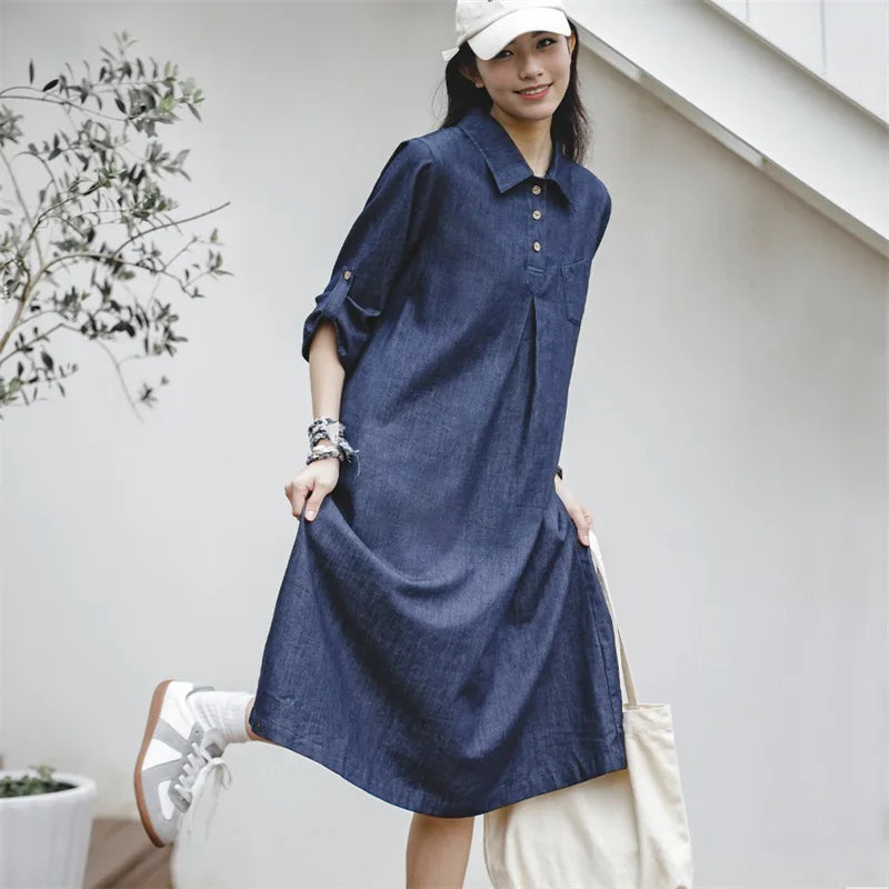 -Women's Japanese Vintage Denim Style Long Dress, Shirt Skirt, Button, Slim, Thin, Black Belt, Atmosphere, Summer