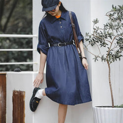 -Women's Japanese Vintage Denim Style Long Dress, Shirt Skirt, Button, Slim, Thin, Black Belt, Atmosphere, Summer