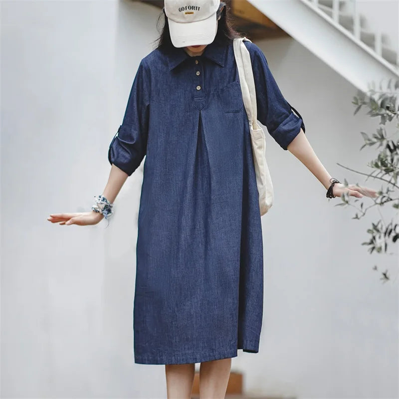 -Women's Japanese Vintage Denim Style Long Dress, Shirt Skirt, Button, Slim, Thin, Black Belt, Atmosphere, Summer