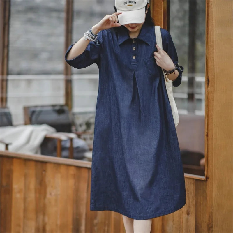 -Women's Japanese Vintage Denim Style Long Dress, Shirt Skirt, Button, Slim, Thin, Black Belt, Atmosphere, Summer