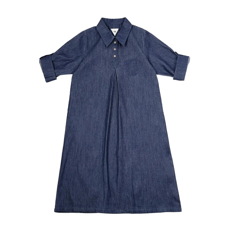 -Women's Japanese Vintage Denim Style Long Dress, Shirt Skirt, Button, Slim, Thin, Black Belt, Atmosphere, Summer