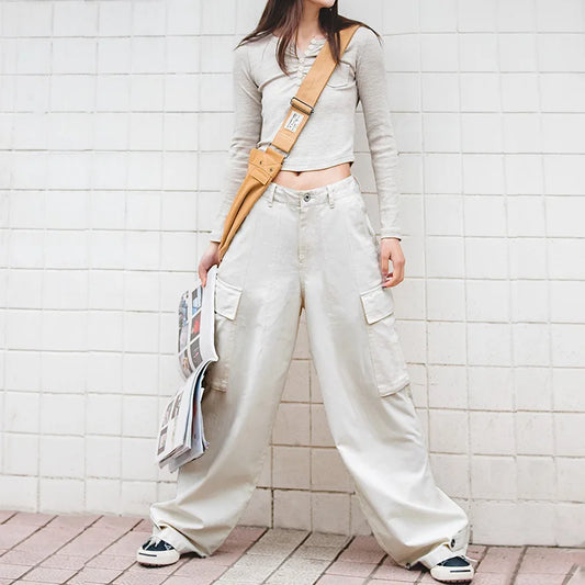 -Women's Japanese Wide Leg Cargo Pants with White Pocket, Oversized Baggy Pants, High Waist Straight Trousers,  Streetwear