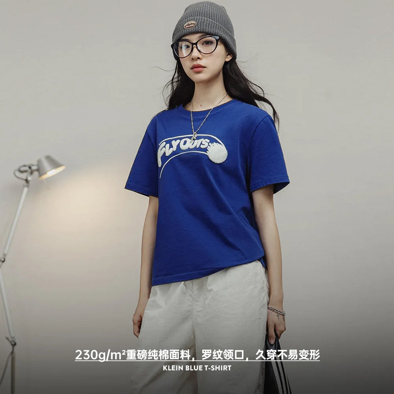 Women's Klein Blue Short Sleeve T-Shirt for Summer with Cotton Baseball Shirt and Ribbed Round Neck Loose Casual Tops