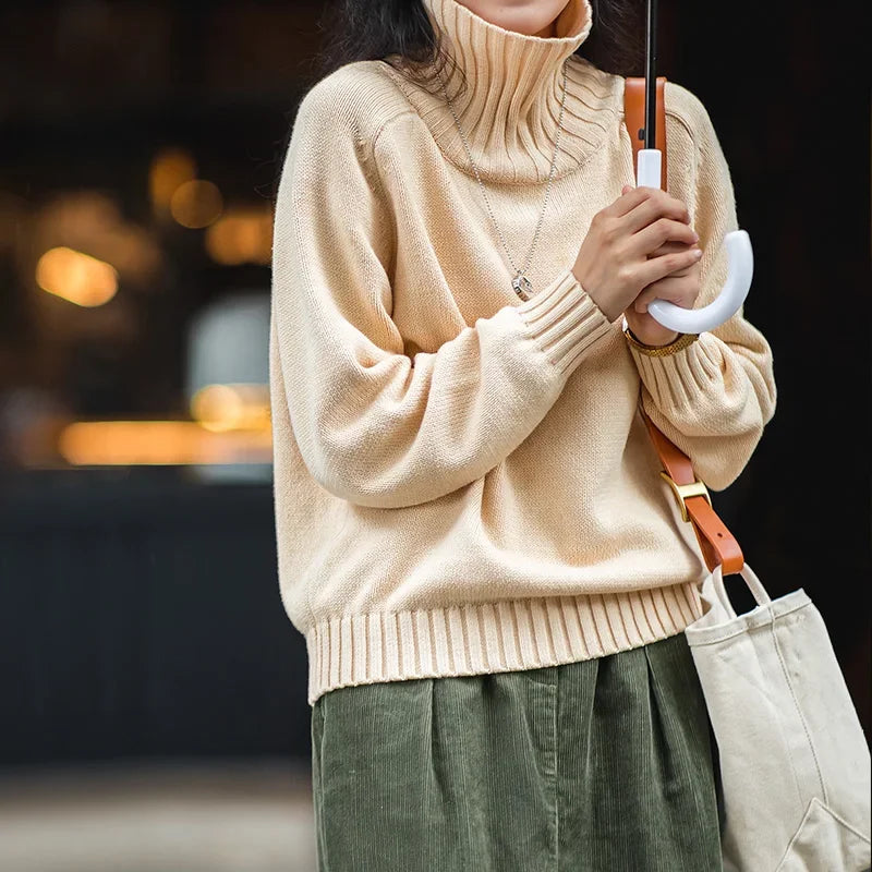 Women's Knit Turtleneck Sweater Solid Color Loose Lazy Sweaters Long Sleeve Tops Autumn and Winter Jumper Casual Pullover