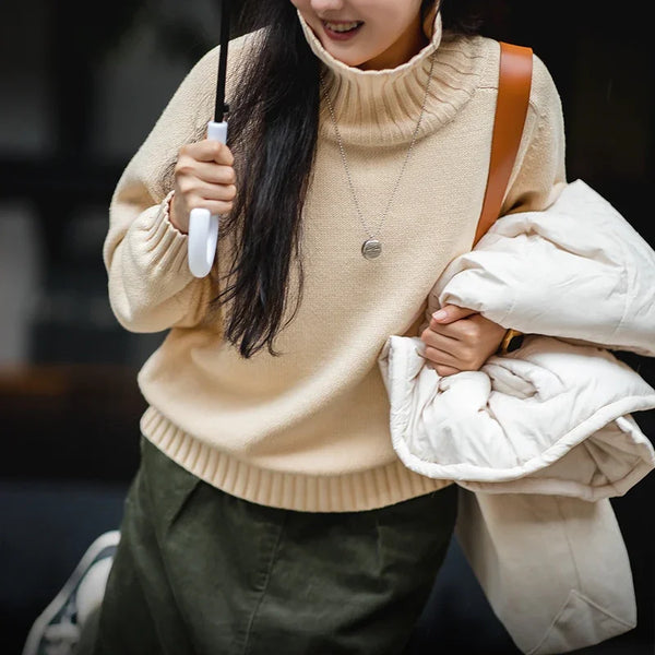 Women's Knit Turtleneck Sweater Solid Color Loose Lazy Sweaters Long Sleeve Tops Autumn and Winter Jumper Casual Pullover