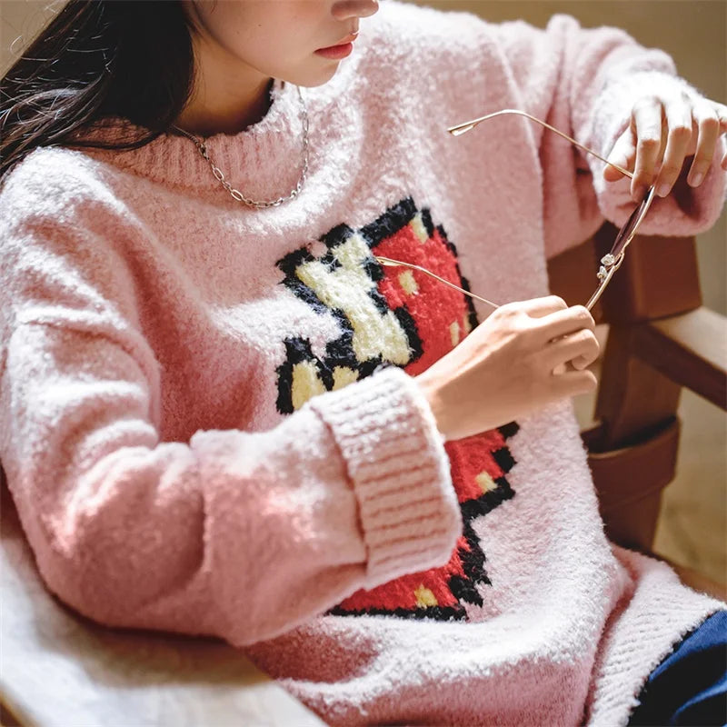 -Women's Lazy Style Sweet Sweater, Gentle Atmosphere Pullover, Knitwear, Pink, Warm Top, Autumn, Winter