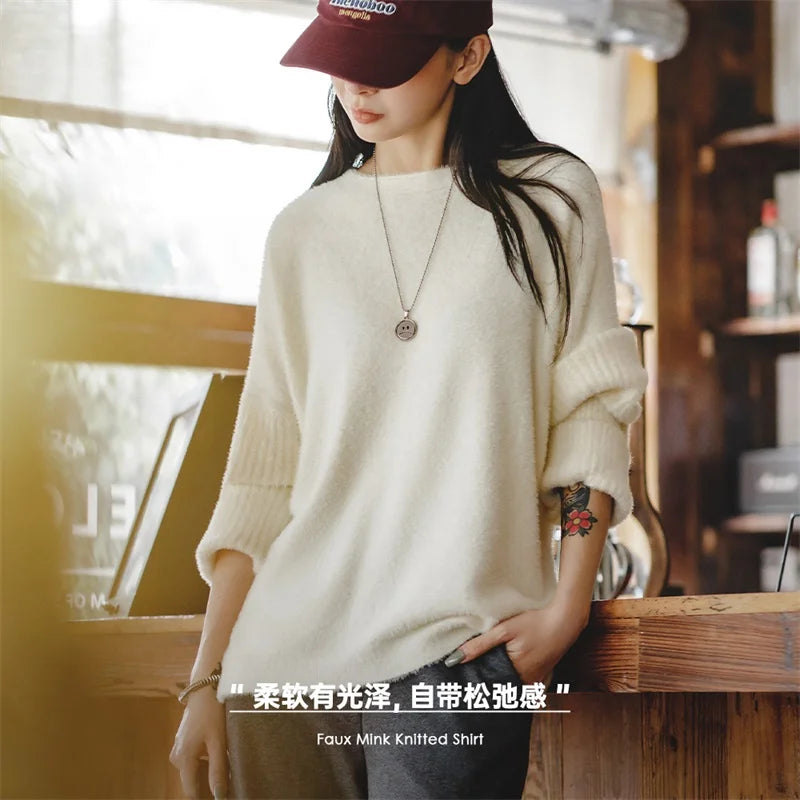 Women's Lazy Wind Soft Imitation Mink Fleece Sweater Gentle Atmosphere Feeling Pullover Knitwear Autumn Winter Warm Top