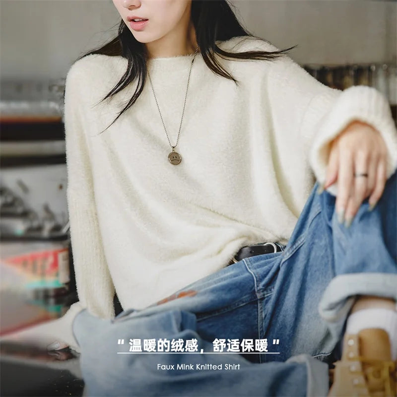 Women's Lazy Wind Soft Imitation Mink Fleece Sweater Gentle Atmosphere Feeling Pullover Knitwear Autumn Winter Warm Top