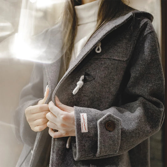 -Women's Mid-length British Style Woolen Coat, Cowhorn Button, Woolen Coat, Autumn, Winter