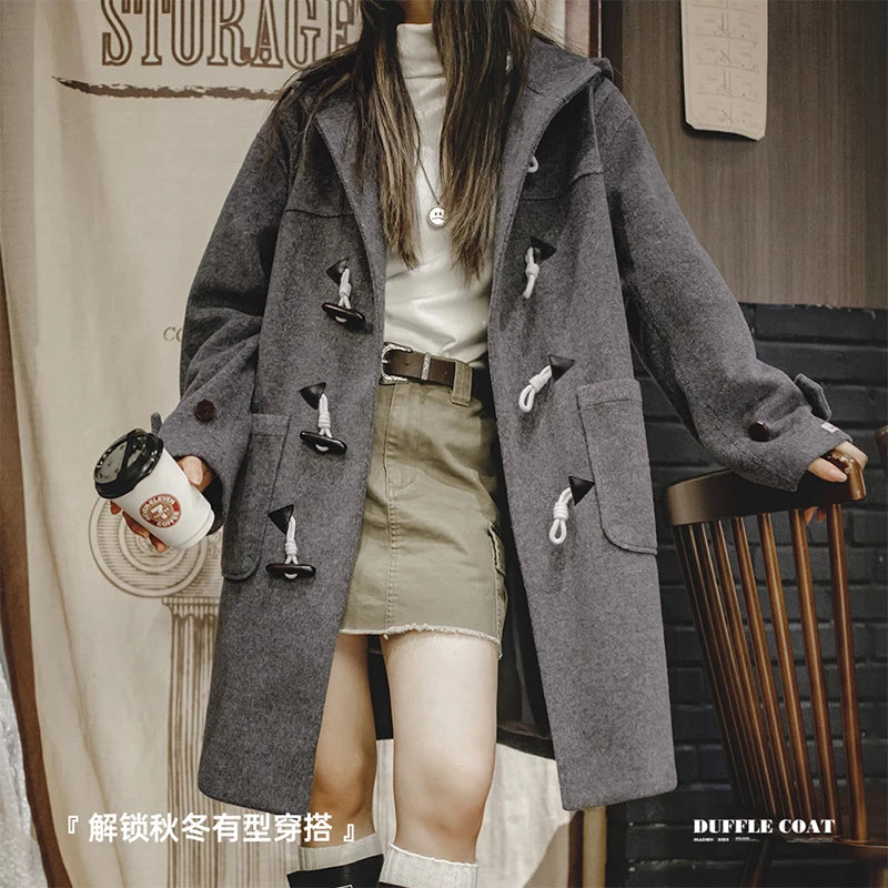 -Women's Mid-length British Style Woolen Coat, Cowhorn Button, Woolen Coat, Autumn, Winter