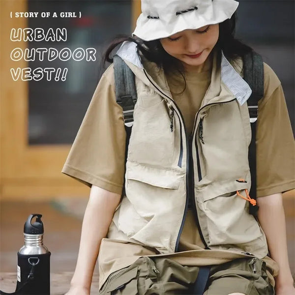 Women's Mountain Outdoor Camping Vest Japanese Hooded Loose Casual Sleeveless Jackets Large Size Cargo Pocket Waistcoat