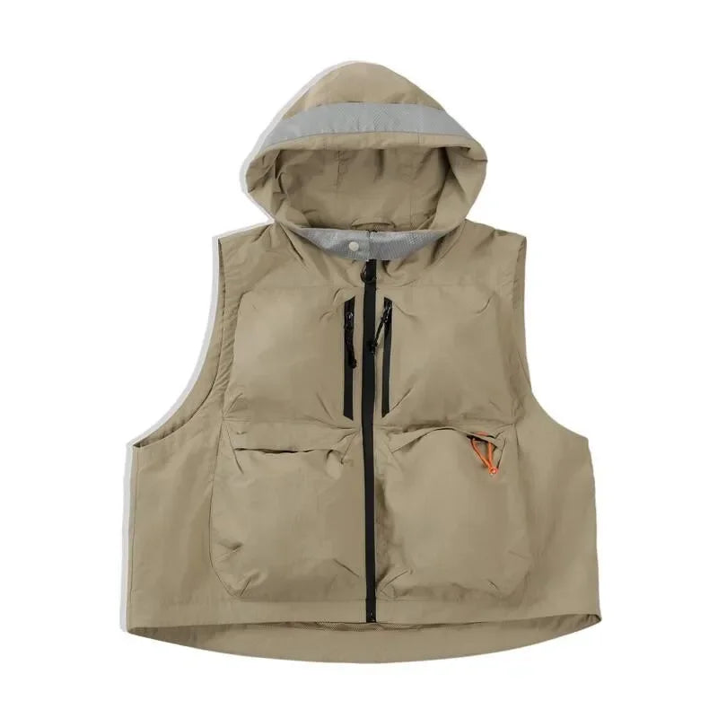 Women's Mountain Outdoor Camping Vest Japanese Hooded Loose Casual Sleeveless Jackets Large Size Cargo Pocket Waistcoat