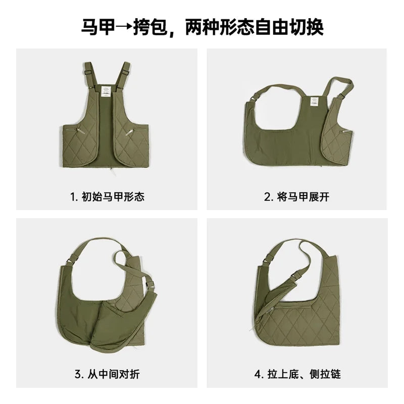 Women's Multifunctional Work Suit Vest Dual-Purpose Filled Cotton Vest Large Capacity Bag Crossbody Tank