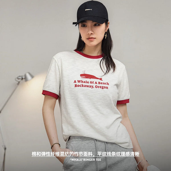 Women's Printed Letters Short Sleeve T-Shirt Casual Loose Round Neck Top Contrast Color Ribbed Slim Bottoming Shirt