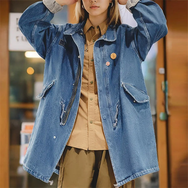 Women's Spring Autumn American Retro M65 Denim Jeans Jacket Loose Fishtail Windbreaker Women's Coat Medium Length