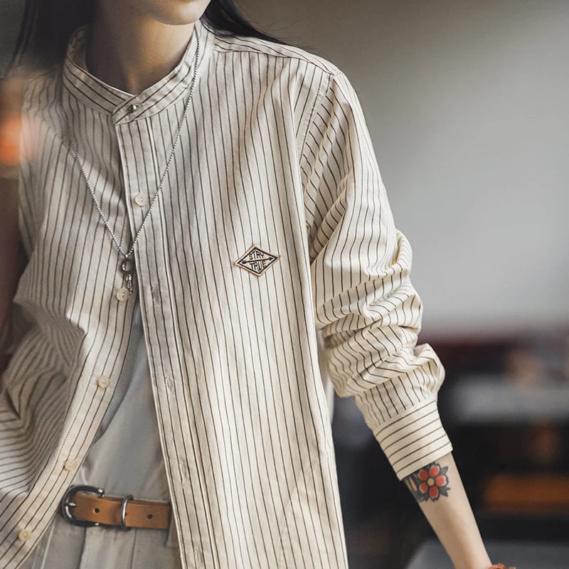 -Women's Striped Shirt, Paired with Pure Cotton, Long Sleeved Top, Fashionable Jacket, Autumn and Winter