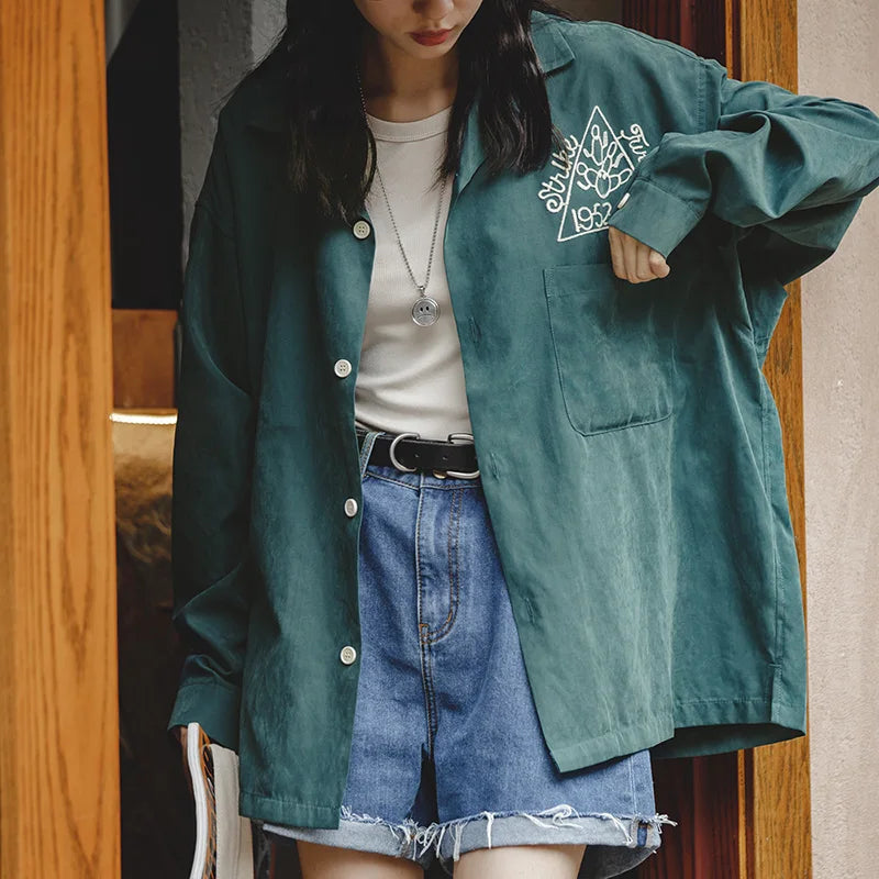 Women's Vintage Dark Green Bowling Shirt Peach Skin Velvet Embroidery Loose Lapel Blouses Luxury Casual Oversized Shirts