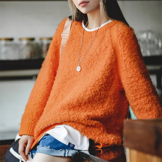 Women's Vintage Pullover Orange Sweater Autumn/Winter Round Yarn Knitted Warm Sweater Underlay