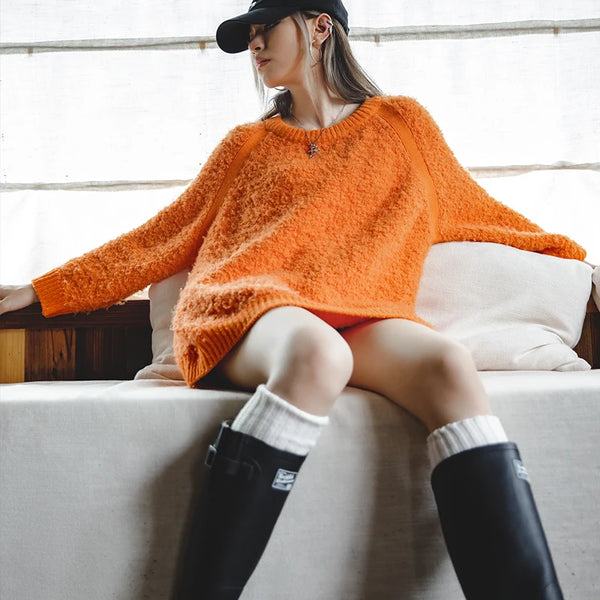 Women's Vintage Pullover Orange Sweater Autumn/Winter Round Yarn Knitted Warm Sweater Underlay