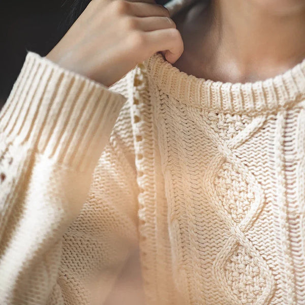 -Women's Vintage Sweater, O-Neck, Hollow Twist Rhombus Sweaters, Beige Cable Knitted Pullover, Loose Jumper, Short Tops