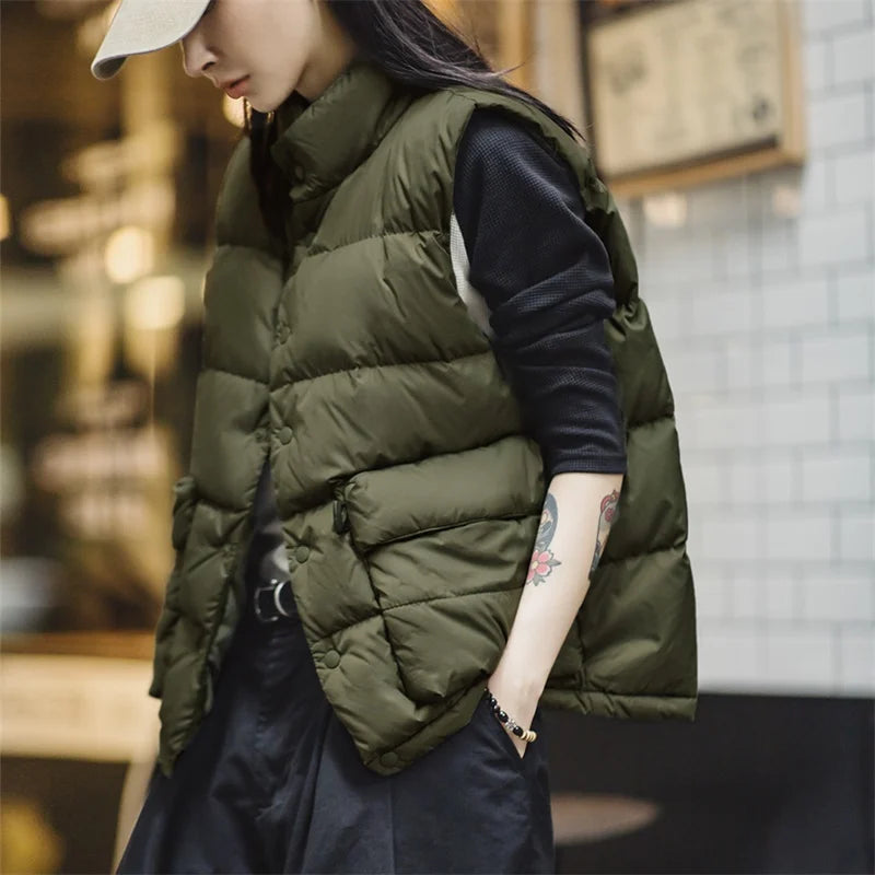 Women's Winter American Casual Light Thin Down Vest Duck Down Thermal Standing Collar With Inner And Outer Tank Top