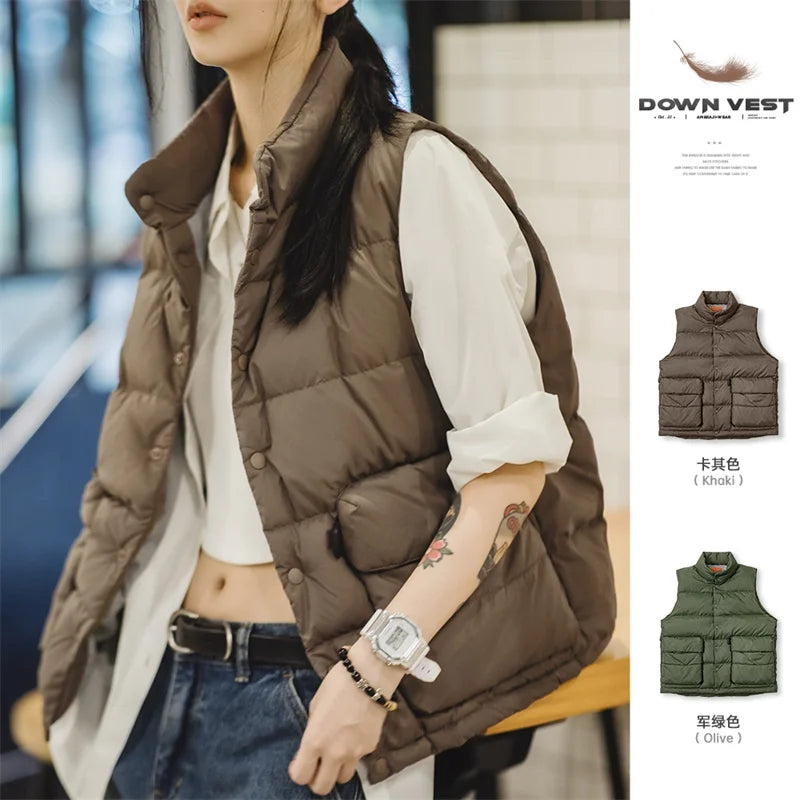 Women's Winter American Casual Light Thin Down Vest Duck Down Thermal Standing Collar With Inner And Outer Tank Top