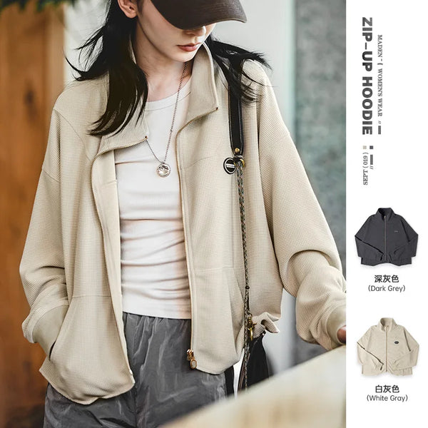 Women's Zipper Hoodies Waffle Ribbed Cuff Casual Jackets Harajuku Sweatshirts Half-high Stand-up Collar Coats Streetwear