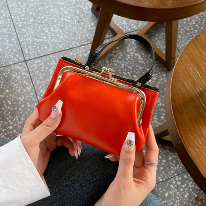 Vintage Oil Waxed Leather Clip Purse Clutch Bag