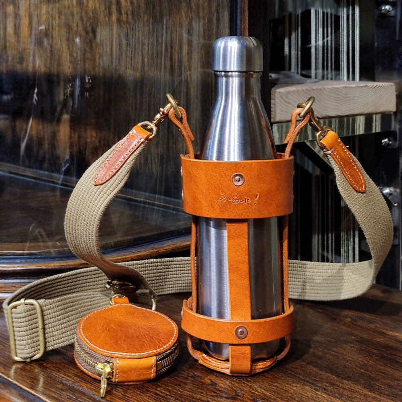 Retro Handmade Leather Portable Bottle Bag（Includes stainless steel thermos）