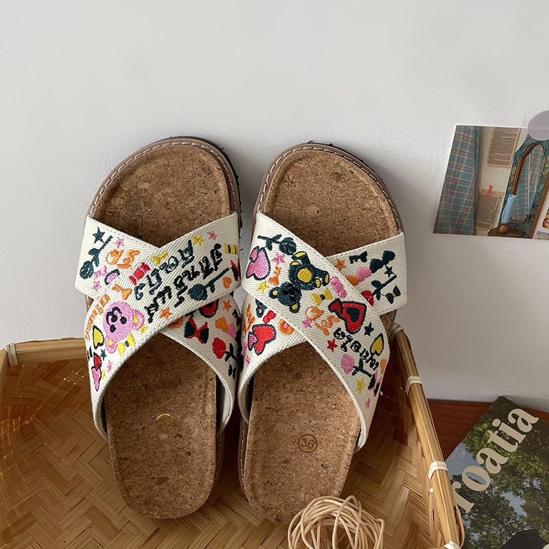 Retro Embroidered Sandals Summer Cork Soles Flat Shoe