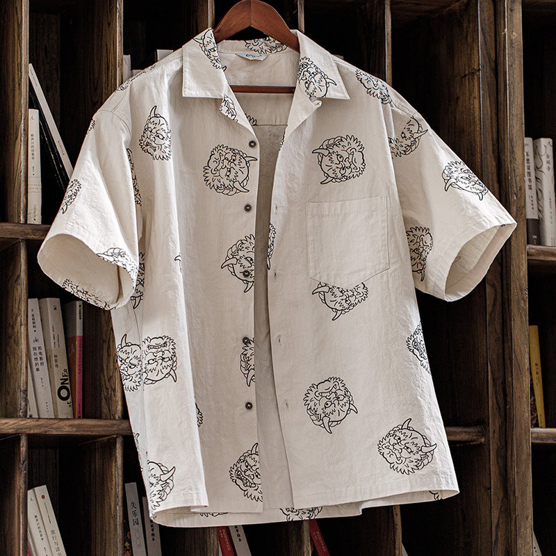 Retro Printed Cotton Linen Loose Shirt