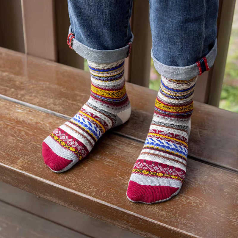 3 Pairs Winter colorful mid-calf socks thickened ethnic style boot socks