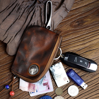Men's genuine leather key case, vintage distressed vegetable-tanned cowhide coin purse