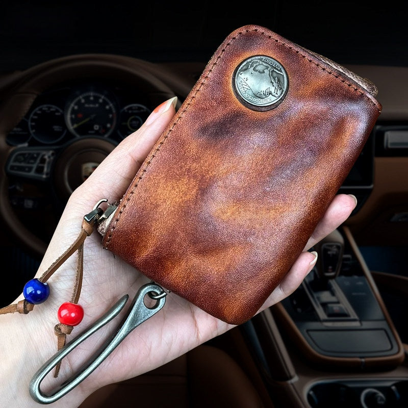 Men's genuine leather key case, vintage distressed vegetable-tanned cowhide coin purse