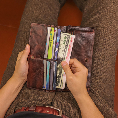 Men's Vintage Genuine Leather Wallet - Handmade Large Capacity Cowhide Money Clip