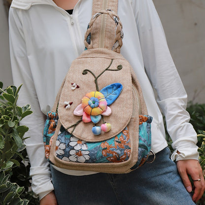 Retro Handmade Flower Canvas Bag Multi-functional Backpack