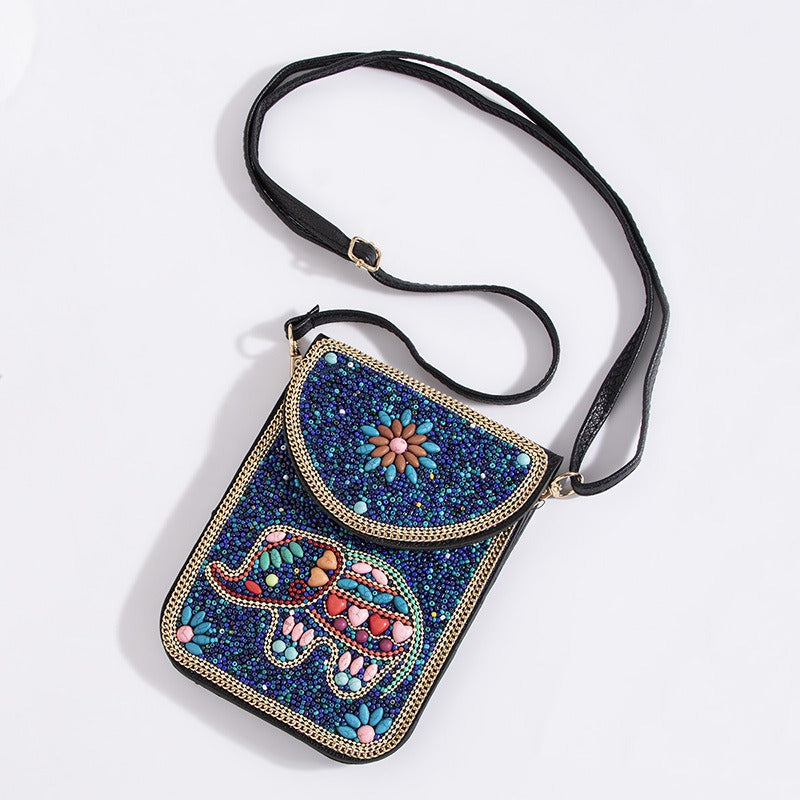 Bohemian Style Bead Shell Flowers Magnetic Button Shoulder Bag