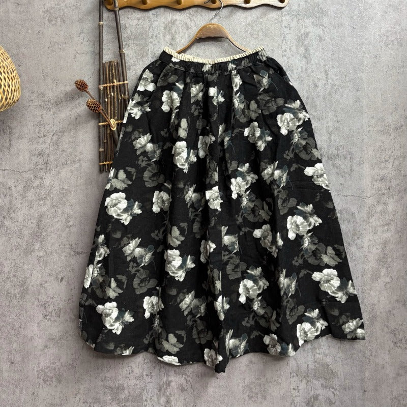 Retro Cotton Linen Forest Printed Skirt