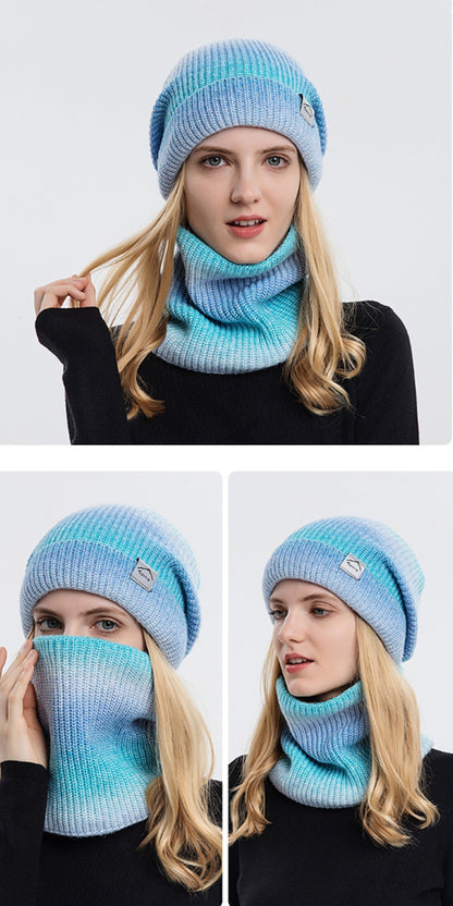 Gradient Color Thickened Knit Cap Two-piece Set