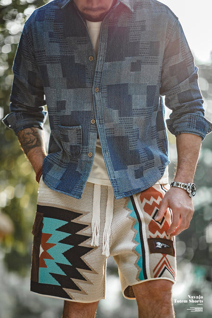 Retro Navajo knitted shorts Hawaiian ethnic style beach five-point pants