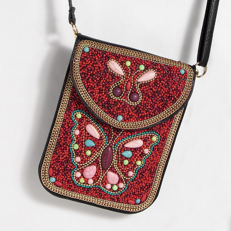 Bohemian Style Bead Shell Flowers Magnetic Button Shoulder Bag