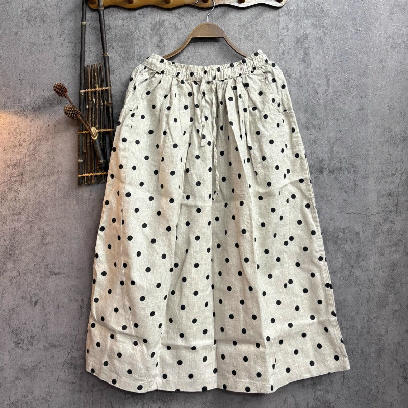 Retro Line Polka Dot Printed Drawstring Elastic Waist Skirt
