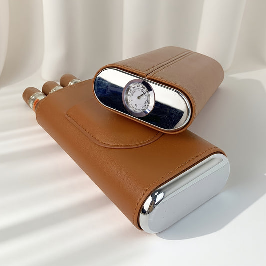 3-Cigar Genuine Leather Cigar Box with Top Hygrometer Display, Portable with Hygrometer Dial and Cedar Wood Lining