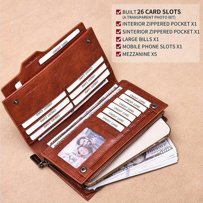 Vintage Top Layer Cowhide Leather Wallet for Men, Long Slim RFID Blocking Clutch with Zipper